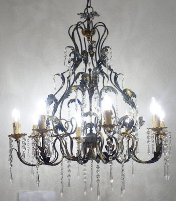 Green-Gold Burnished Metal & Lead Crystal 8-Bulb Chandelier, 1980s-NGU-2022967