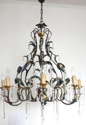 Green-Gold Burnished Metal & Lead Crystal 8-Bulb Chandelier, 1980s-NGU-2022967