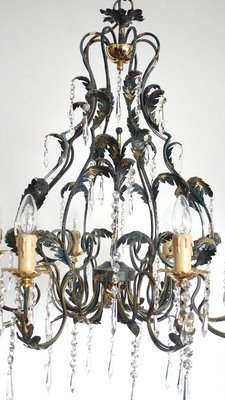 Green-Gold Burnished Metal & Lead Crystal 8-Bulb Chandelier, 1980s-NGU-2022967