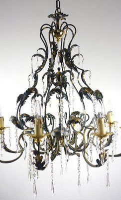 Green-Gold Burnished Metal & Lead Crystal 8-Bulb Chandelier, 1980s-NGU-2022967