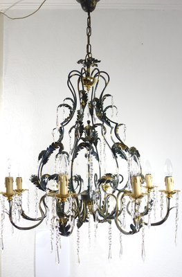 Green-Gold Burnished Metal & Lead Crystal 8-Bulb Chandelier, 1980s-NGU-2022967