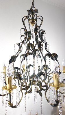 Green-Gold Burnished Metal & Lead Crystal 8-Bulb Chandelier, 1980s-NGU-2022967