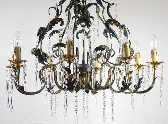 Green-Gold Burnished Metal & Lead Crystal 8-Bulb Chandelier, 1980s-NGU-2022967