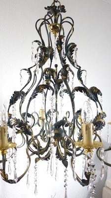 Green-Gold Burnished Metal & Lead Crystal 8-Bulb Chandelier, 1980s-NGU-2022967