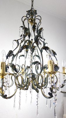 Green-Gold Burnished Metal & Lead Crystal 8-Bulb Chandelier, 1980s-NGU-2022967