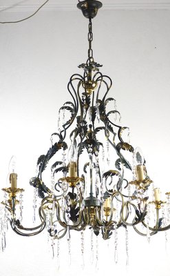 Green-Gold Burnished Metal & Lead Crystal 8-Bulb Chandelier, 1980s-NGU-2022967