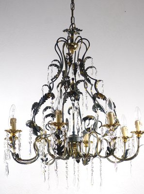 Green-Gold Burnished Metal & Lead Crystal 8-Bulb Chandelier, 1980s-NGU-2022967