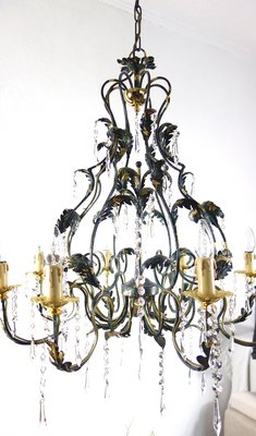 Green-Gold Burnished Metal & Lead Crystal 8-Bulb Chandelier, 1980s-NGU-2022967