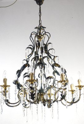 Green-Gold Burnished Metal & Lead Crystal 8-Bulb Chandelier, 1980s-NGU-2022967