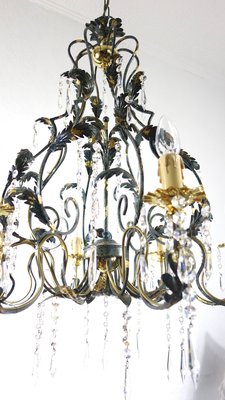 Green-Gold Burnished Metal & Lead Crystal 8-Bulb Chandelier, 1980s-NGU-2022967