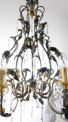 Green-Gold Burnished Metal & Lead Crystal 8-Bulb Chandelier, 1980s-NGU-2022967