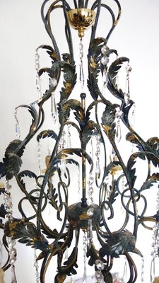 Green-Gold Burnished Metal & Lead Crystal 8-Bulb Chandelier, 1980s-NGU-2022967