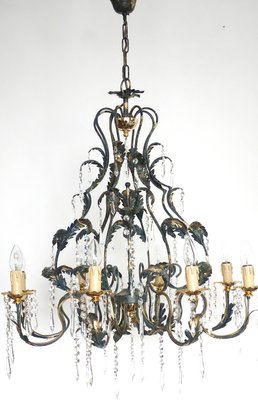 Green-Gold Burnished Metal & Lead Crystal 8-Bulb Chandelier, 1980s-NGU-2022967