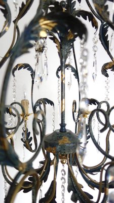 Green-Gold Burnished Metal & Lead Crystal 8-Bulb Chandelier, 1980s-NGU-2022967