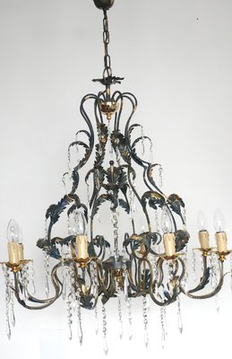 Green-Gold Burnished Metal & Lead Crystal 8-Bulb Chandelier, 1980s-NGU-2022967