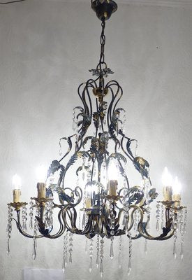 Green-Gold Burnished Metal & Lead Crystal 8-Bulb Chandelier, 1980s-NGU-2022967