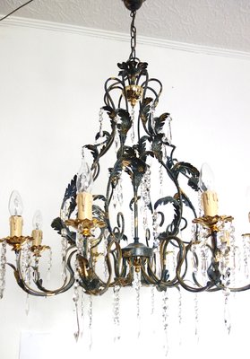 Green-Gold Burnished Metal & Lead Crystal 8-Bulb Chandelier, 1980s-NGU-2022967