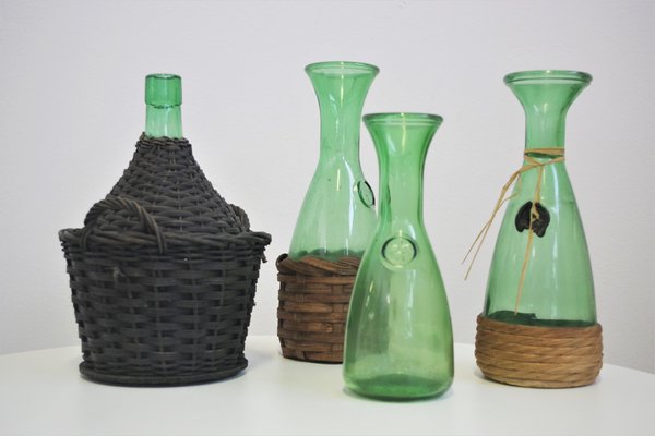 Green Green Glass Wine Decanter, 1950s, Set of 4-KNM-1139980