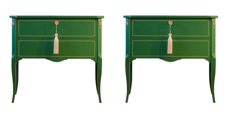 Green Gustavian Commodes with Marble Slabs, 1950s, Set of 2-VTA-1440733