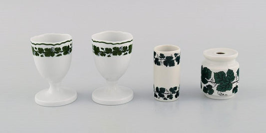 Green Ivy Vine Leaf Egg Cups and Two German Toothpick Holders from Meissen, Set of 4