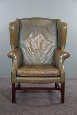 Green Leather Winged Armchair-HPP-1719039