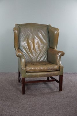 Green Leather Winged Armchair-HPP-1719039