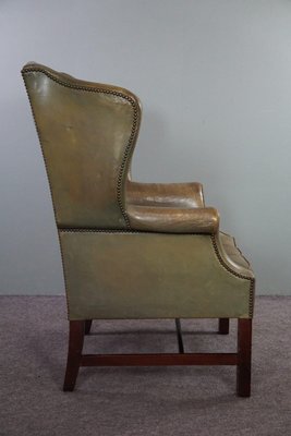 Green Leather Winged Armchair-HPP-1719039