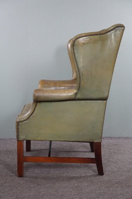 Green Leather Winged Armchair-HPP-1719039