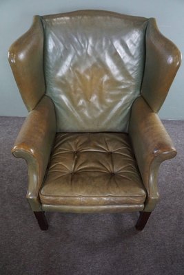 Green Leather Winged Armchair-HPP-1719039