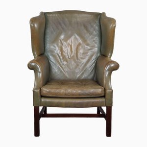 Green Leather Winged Armchair-HPP-1719039