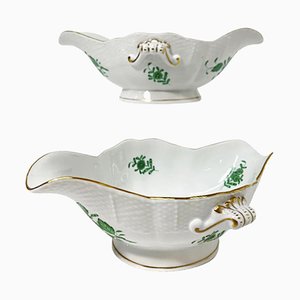 Green Porcelain Chinese Bouquet Apponyi Sauce / Gravy Boats from Herend Hungary, Set of 2-UCH-1224420