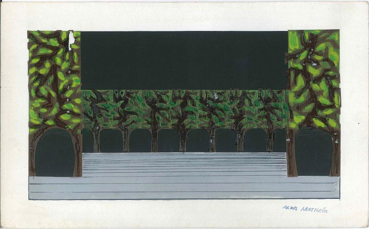 Green Portico - Original Mixed Media on Cardboard by A. Matheos Mid 20th Century