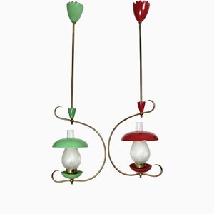 Green & Red Metal & Brass Pendant Light, Italy, 1950s, Set of 2-LYQ-1171633