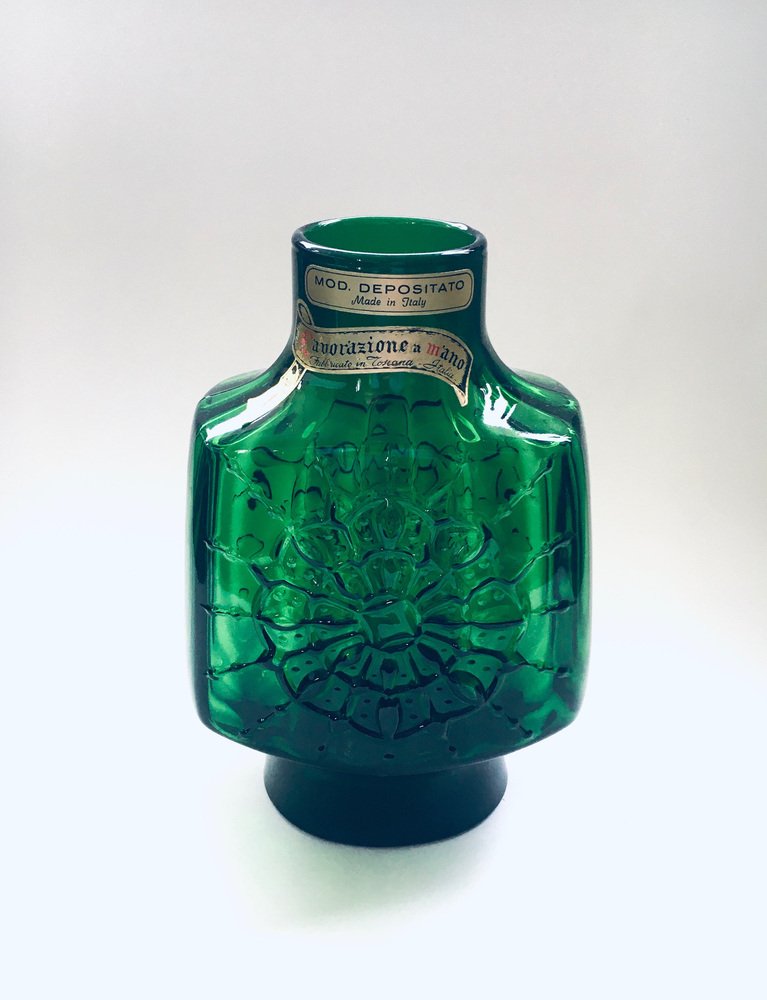 Green Ribbed Glass Low Starburst Vase from Empoli, Italy, 1960s