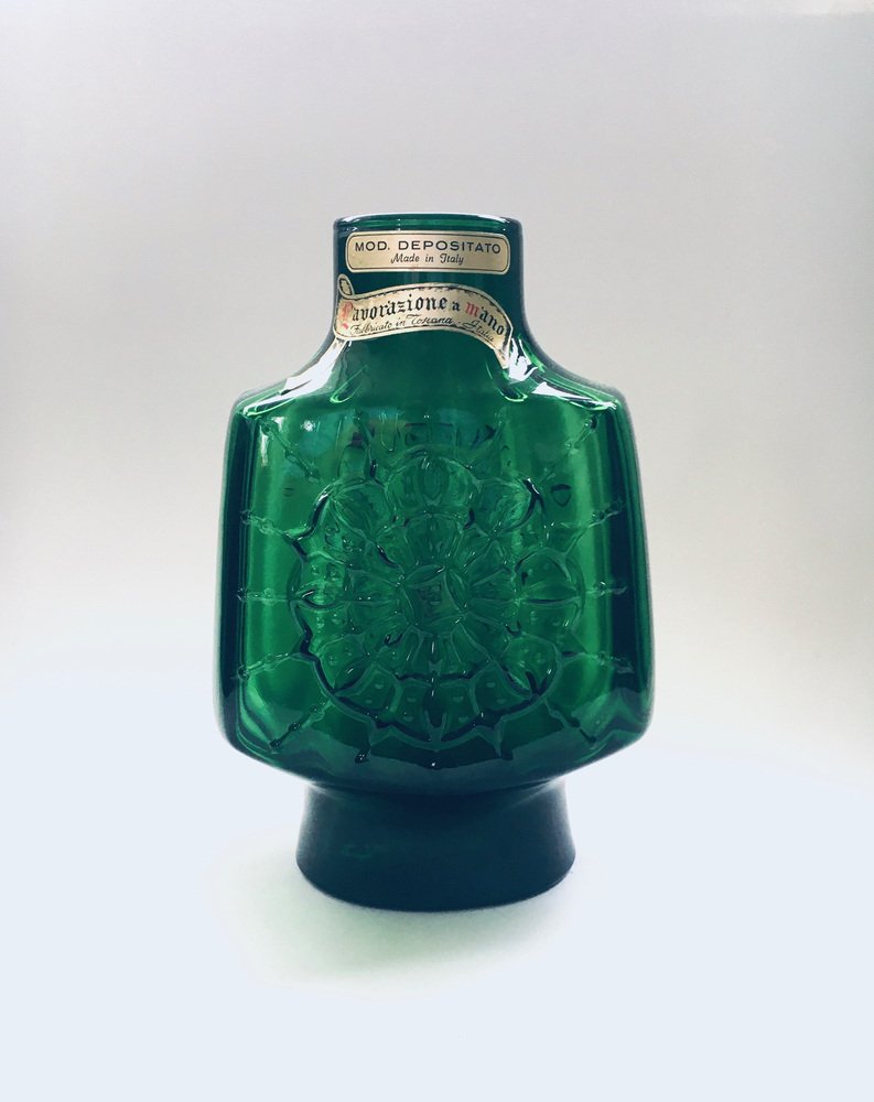 Green Ribbed Glass Low Starburst Vase from Empoli, Italy, 1960s