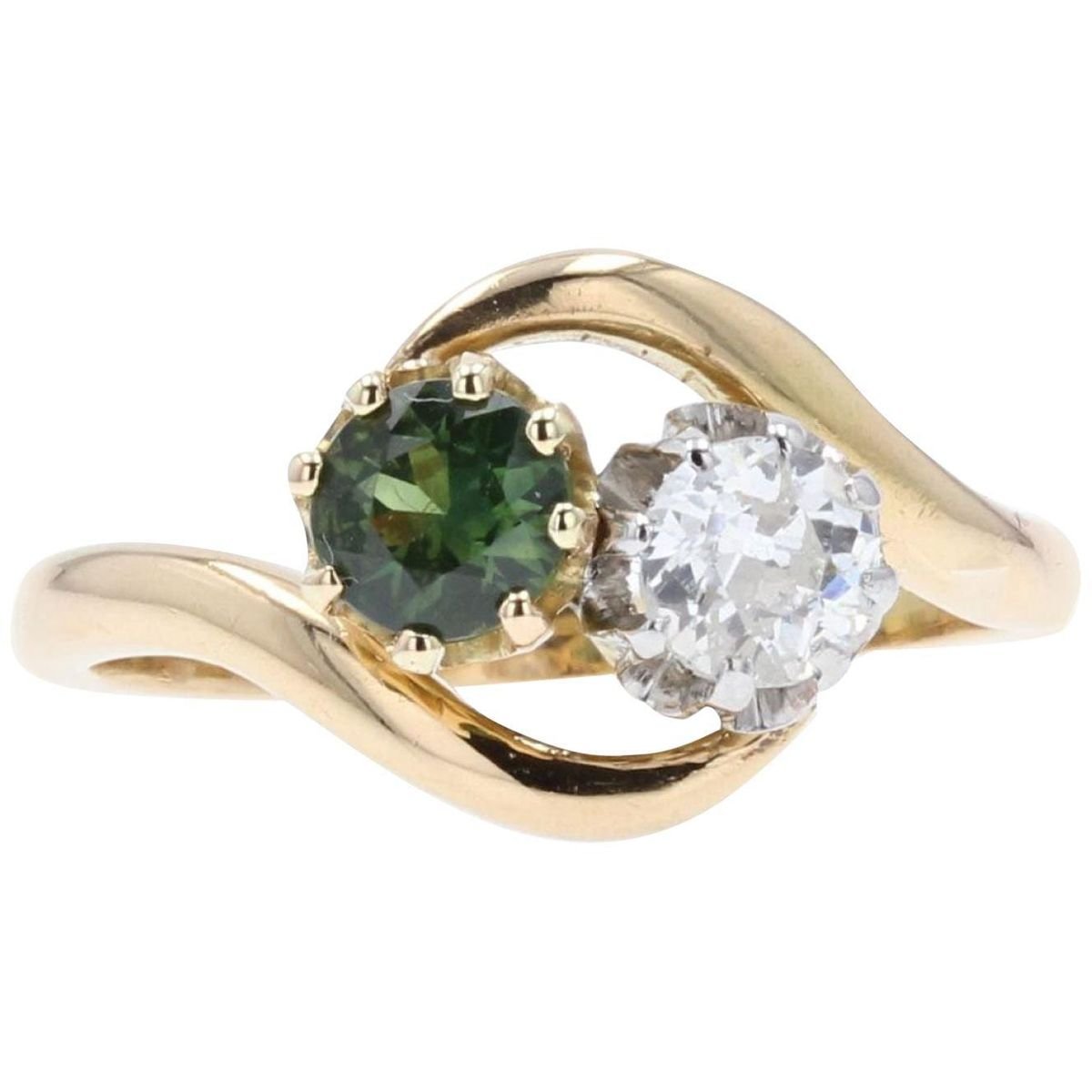 Green Sapphire, Diamond and 18 Karat Yellow Gold You and Me Ring, 1900s