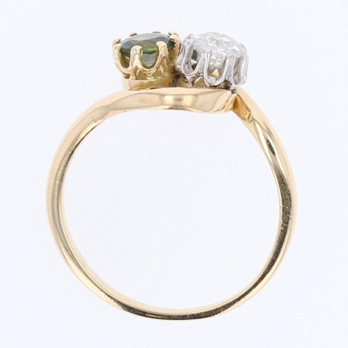 Green Sapphire, Diamond and 18 Karat Yellow Gold You and Me Ring, 1900s