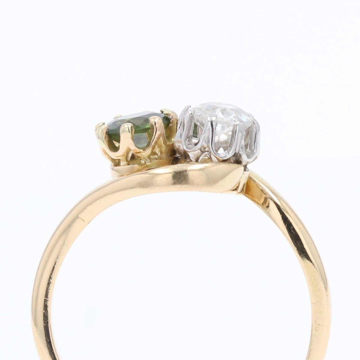 Green Sapphire, Diamond and 18 Karat Yellow Gold You and Me Ring, 1900s