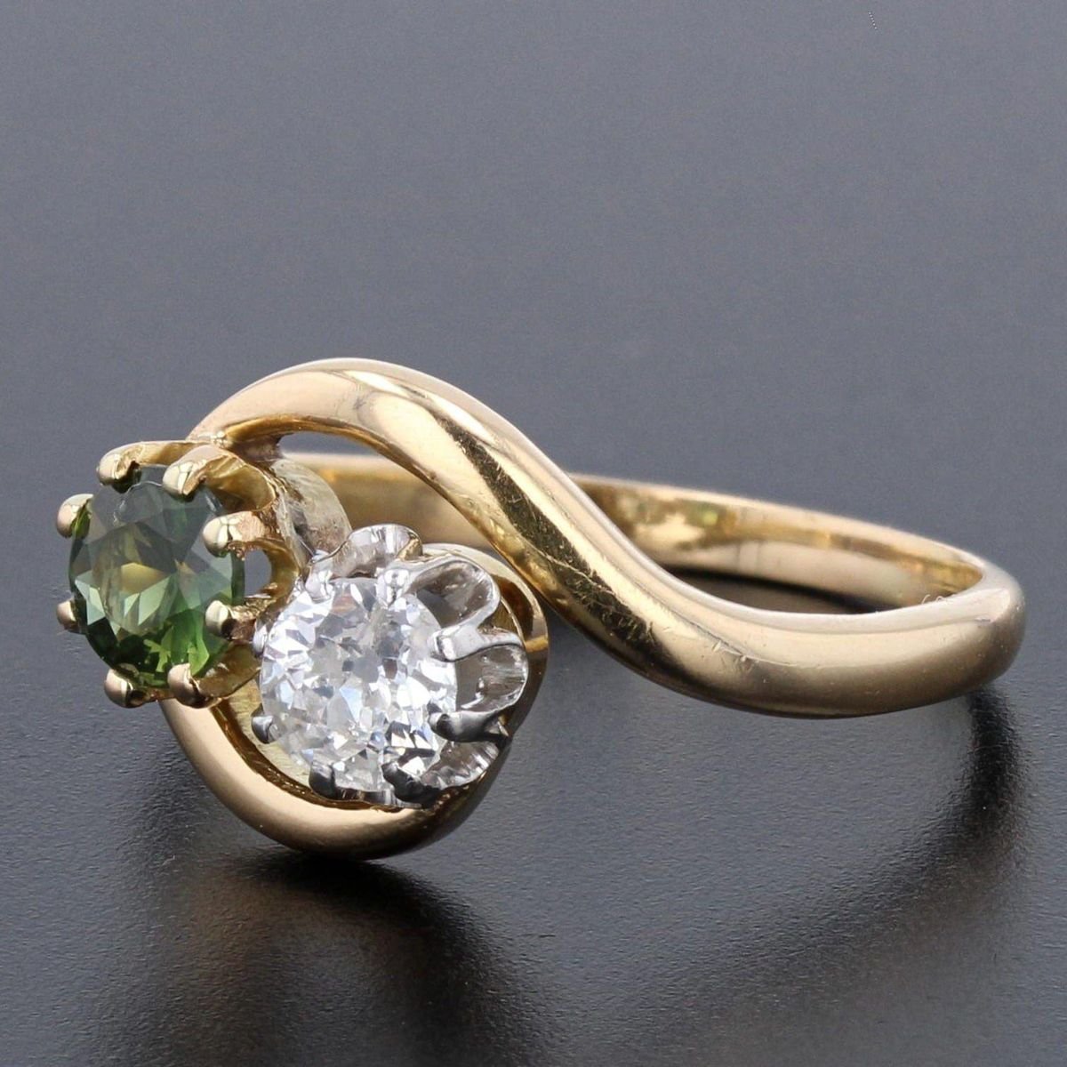 Green Sapphire, Diamond and 18 Karat Yellow Gold You and Me Ring, 1900s