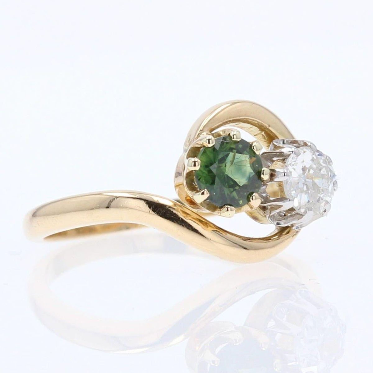 Green Sapphire, Diamond and 18 Karat Yellow Gold You and Me Ring, 1900s