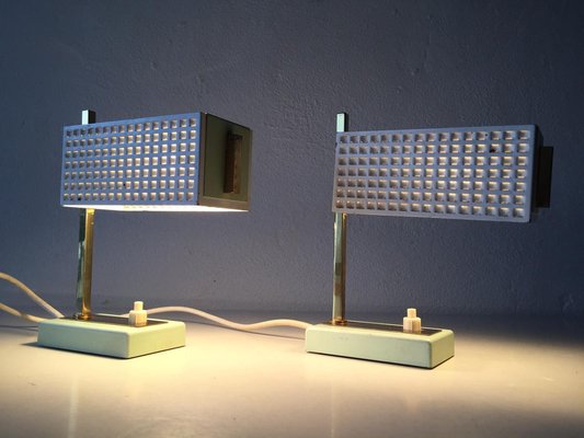 Green & White Perforated Metal Table Lamps by Mathieu Matégot, France, 1950s, Set of 2-RDS-1147937