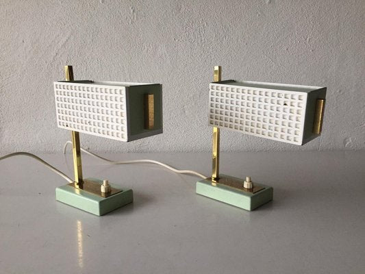 Green & White Perforated Metal Table Lamps by Mathieu Matégot, France, 1950s, Set of 2-RDS-1147937