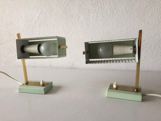 Green & White Perforated Metal Table Lamps by Mathieu Matégot, France, 1950s, Set of 2-RDS-1147937