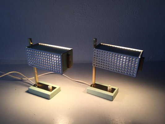 Green & White Perforated Metal Table Lamps by Mathieu Matégot, France, 1950s, Set of 2-RDS-1147937