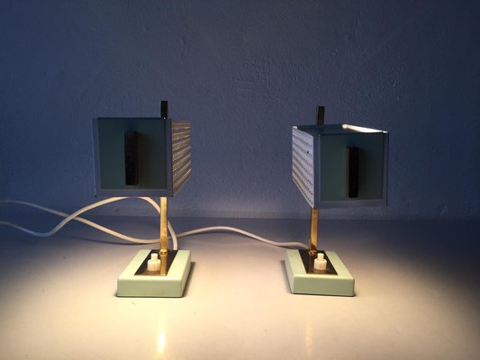 Green & White Perforated Metal Table Lamps by Mathieu Matégot, France, 1950s, Set of 2-RDS-1147937