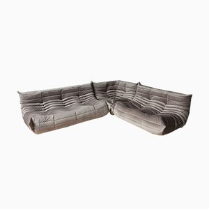 Grey Bouclette Togo Corner Chair, 2- and 3-Seat Sofa by Michel Ducaroy for Ligne Roset, Set of 3-IXA-623822