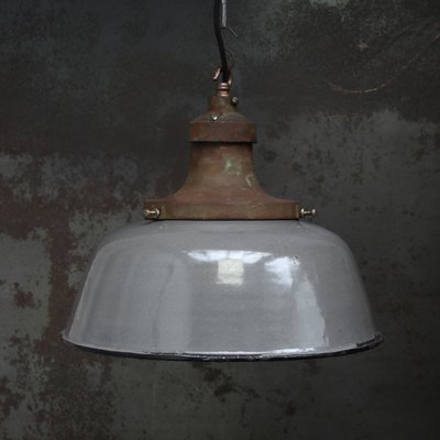 Grey Brown Enamel Garage Workshop Light with Cast Iron Top and White Interior, Dutch, 1920s-BLS-2025987