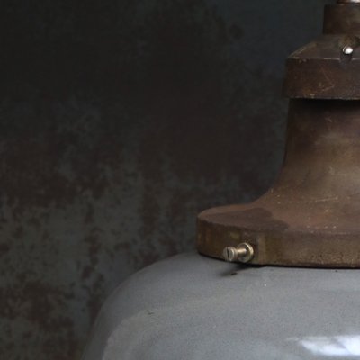 Grey Brown Enamel Garage Workshop Light with Cast Iron Top and White Interior, Dutch, 1920s-BLS-2025987