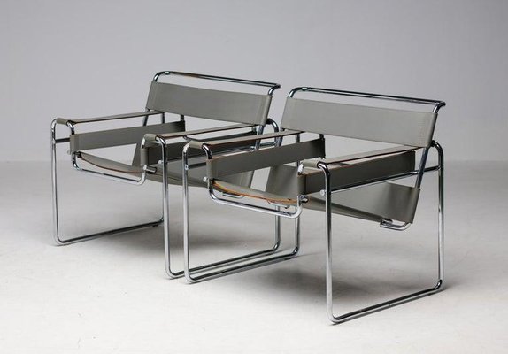 Grey Leather Wassily Armchairs by Marcel Breuer for Gavina, 1960s, Set of 2-WN-1812156