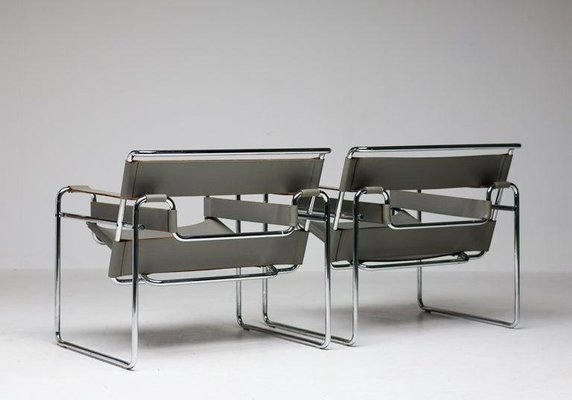 Grey Leather Wassily Armchairs by Marcel Breuer for Gavina, 1960s, Set of 2-WN-1812156